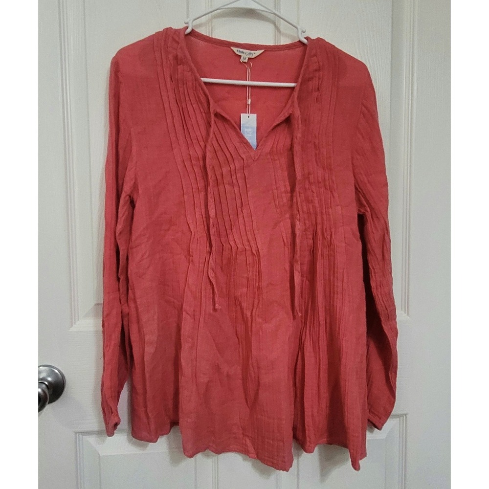 Elsie & Zoey Coral Pink Cotton Gauze Pintuck Tie Neck Blouse Size M NEW